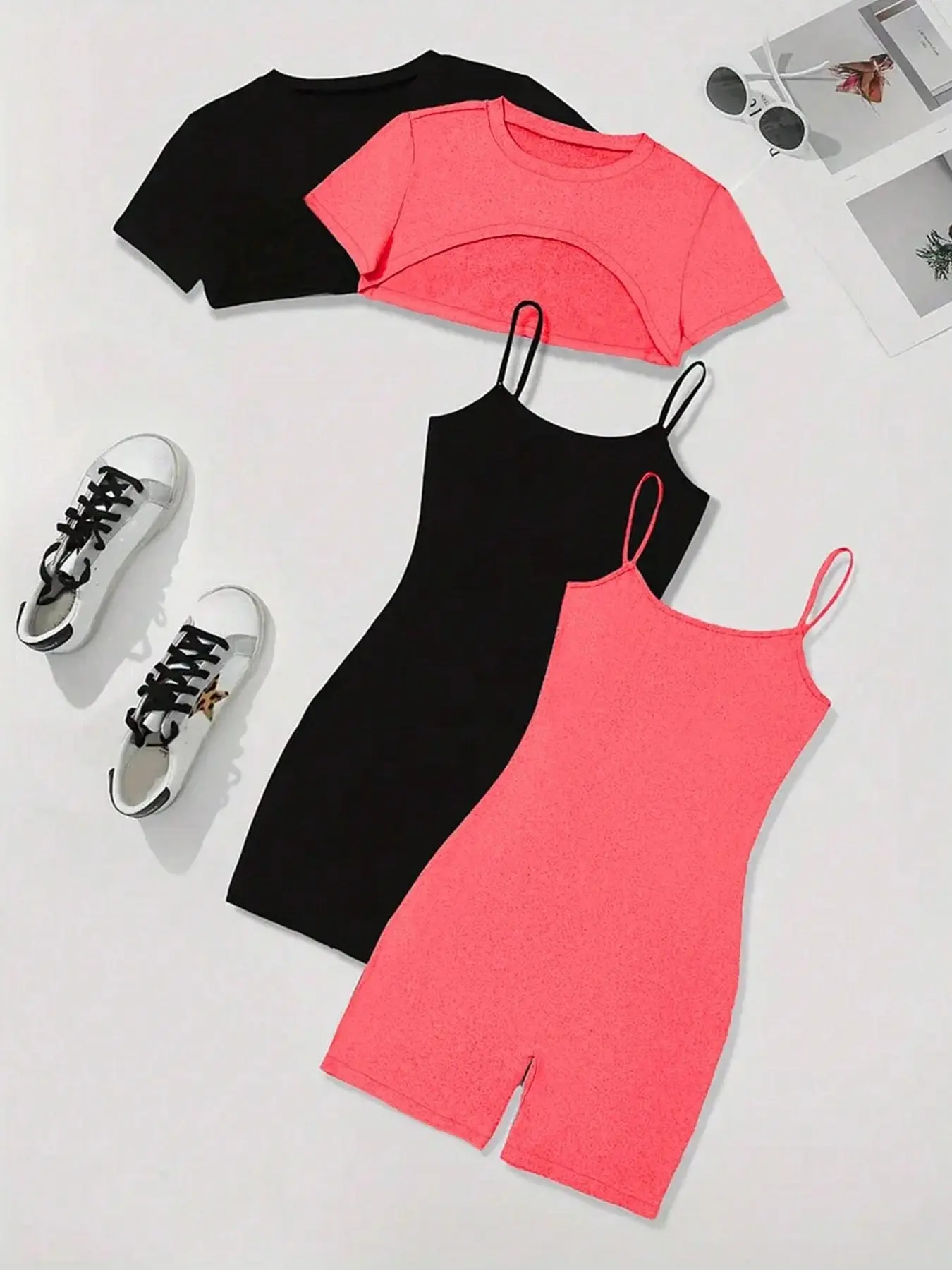 Women's 2-Piece Basic Casual Solid Fabric Matching Coord Set: Cropped Round-Neck Knit Tee & Minimalist Jumpsuit Summer-Ready Outfit