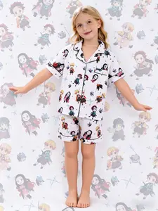 2-Piece Children's Wear Set for Girls and Boys: White Base with Full Ghost:Ghost Story Anime Pattern Print Short Sleeve Shorts, Soft and Comfortable, Notch Lapel Design Top with Small Pockets, Elastic Waistband, Daily Casual Homewear Kids' Sleepwear Set
