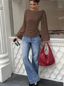 Women's Solid Color Boat Neck Flare Long Sleeve Fitted Elegant Shirt, Stylish and Comfortable, Perfect for Casual and Formal Wear