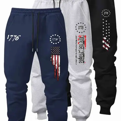 Men's Flag Print Long Athletic Pants, Elastic Waist, Regular Fit, Casual Comfortable Style, Spring & Fall Daily Wear, Casual Knitted Sports Pants, Athletic sports clothes, Athleisure Pants, Casual Sporty Pants