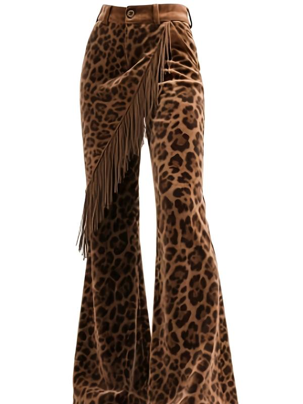 Fashion Leopard Print Flared Pants, Fringe Design, Retro Style, Daily Wear, Vintage Personality, Women's Casual Leggings