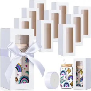 24 Pcs Tumbler Gift Box with Ribbon for Sublimation Glass Exhibition Boxes Transparent For 12oz 16oz 20oz Drinking Cup Glasses Jars Mug Can Blanks (White,7.9 x 3.4 x 3.4 Inches)
