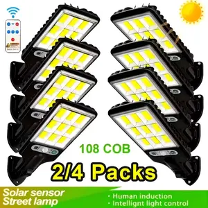 2/4 Pack LED Solar Outdoor Street Light, IP44, 108 Leds with Remote Control, Motion Sensor Safety Wall Light with 3 Modes, Suitable for Garden, Street, Deck, Courtyard, Garage, Balcony