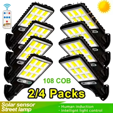 Solar Outdoor Motion Sensor Lights 2/4-Pack, IP44 Water Resistant, 108-LED Good Heat Dissipation Street Fixture, Remote Mode Switch, 3 Automatic Modes, 200 Lm, 6-8 Hours Runtime, Suitable for Garden, Garage