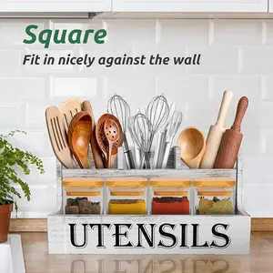 Kitchen Utensils Holder 4 Compartments,Wood Utensil Organizer for Kitchen Countertop,Farmhouse Cooking Utensil Holder with Spice Storage space (Black)
