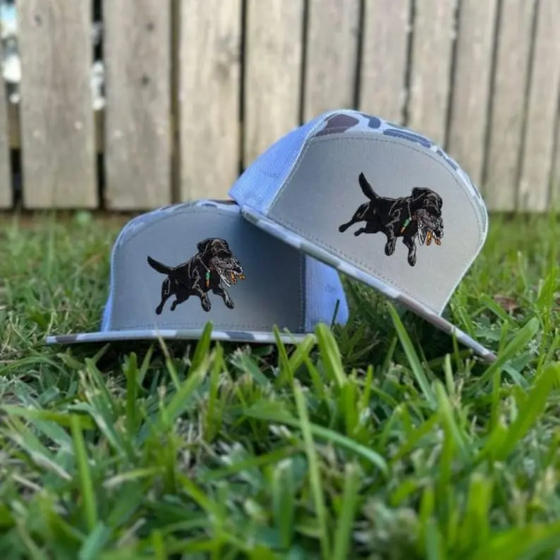 Labrador Retriever Trucker Hat, Duck Hunting Dog 7 Panel Mesh Snapback, Flat Bill Hunting Cap, Gift for Him