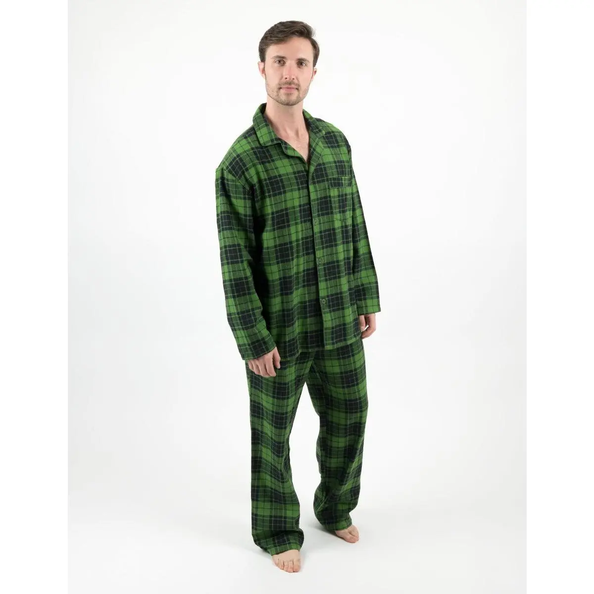 Mens Black & Green Plaid Flannel Pajamas
