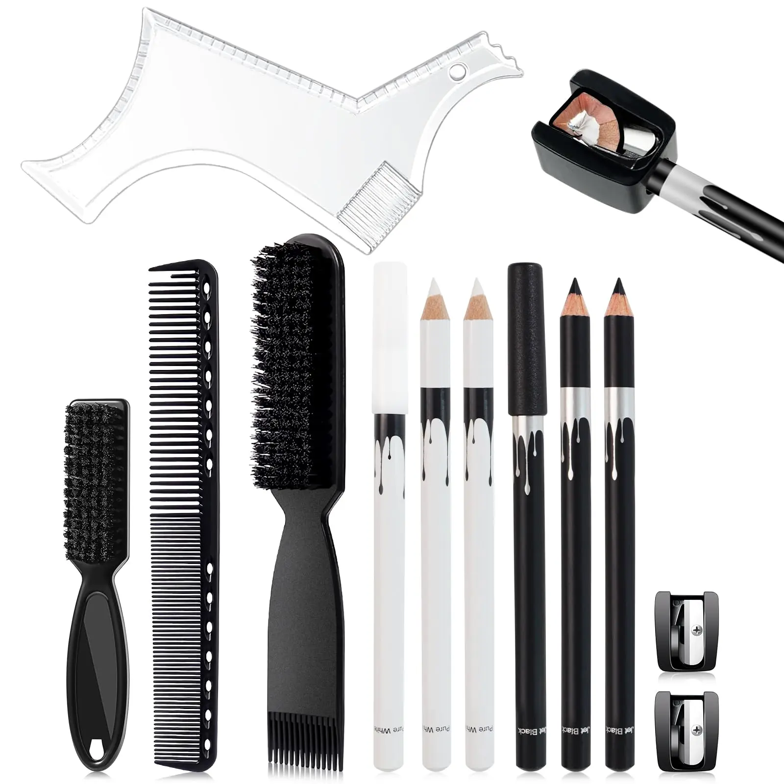 Men's 13Pcs Barber Equipment Kit - Beard Shaping Tool with Black & White Refill Pens, Sharpener, Beard Guide Comb, Clipper Cleaning Brush, Hair Combs for Adults' Home Use, Hairline Edges Grooming, Birthday Gift