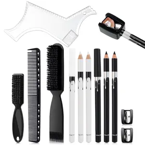 13Pcs Beard Shaper Kit for Men – Includes Black & White Barber Pencil with Sharpener, Beard Guide Comb, Clipper Cleaning Brush, Hair Combs – Complete Grooming Set for Home Barber
