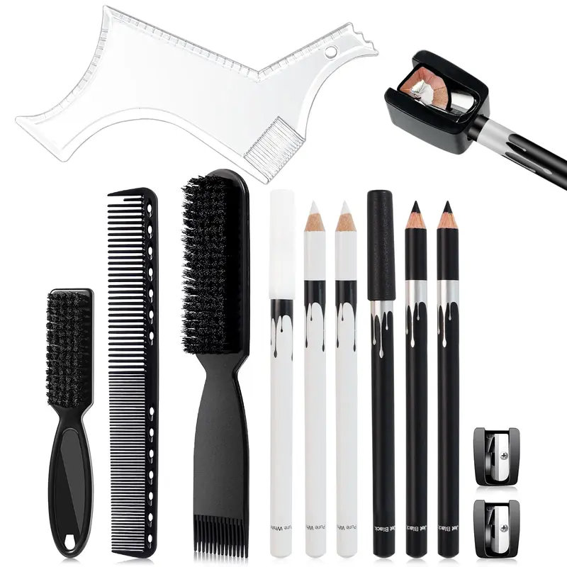 Male 13Pcs Beard Shaping Tool Haircare Barber Kit - Symmetry Guide, Black & White Refill Pens, Sharpener, Beard Comb, Clipper Cleaning Brush, Daily Smoothing Combs for Adults Home Hairline Edges Grooming, All Skin Tones, Birthdays Gift