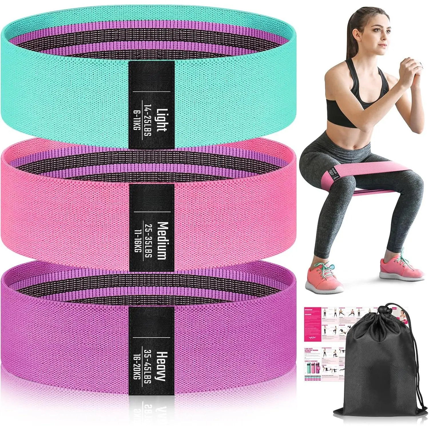 Durable Elastic Fabric Resistance Bands - Elastic Sport Band Workout Equipment with Light-Medium-Heavy Resistance Levels, Starter Home Gym Kit for Yoga, Pilates, Rehab, Legs & Butt for Women, Men