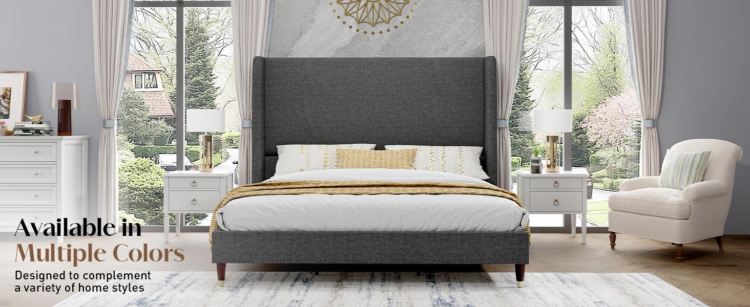 AMERLIFE Platform Bed Frame with 51.2" Tall Headboard, Upholstered Bed with Wingback/Solid Wood Legs/Durability& Silent /No Box Spring Required/Luxury Bedroom Furniture/Full/Queen/King Size/Best Gift Ideas/Christmas Gifts