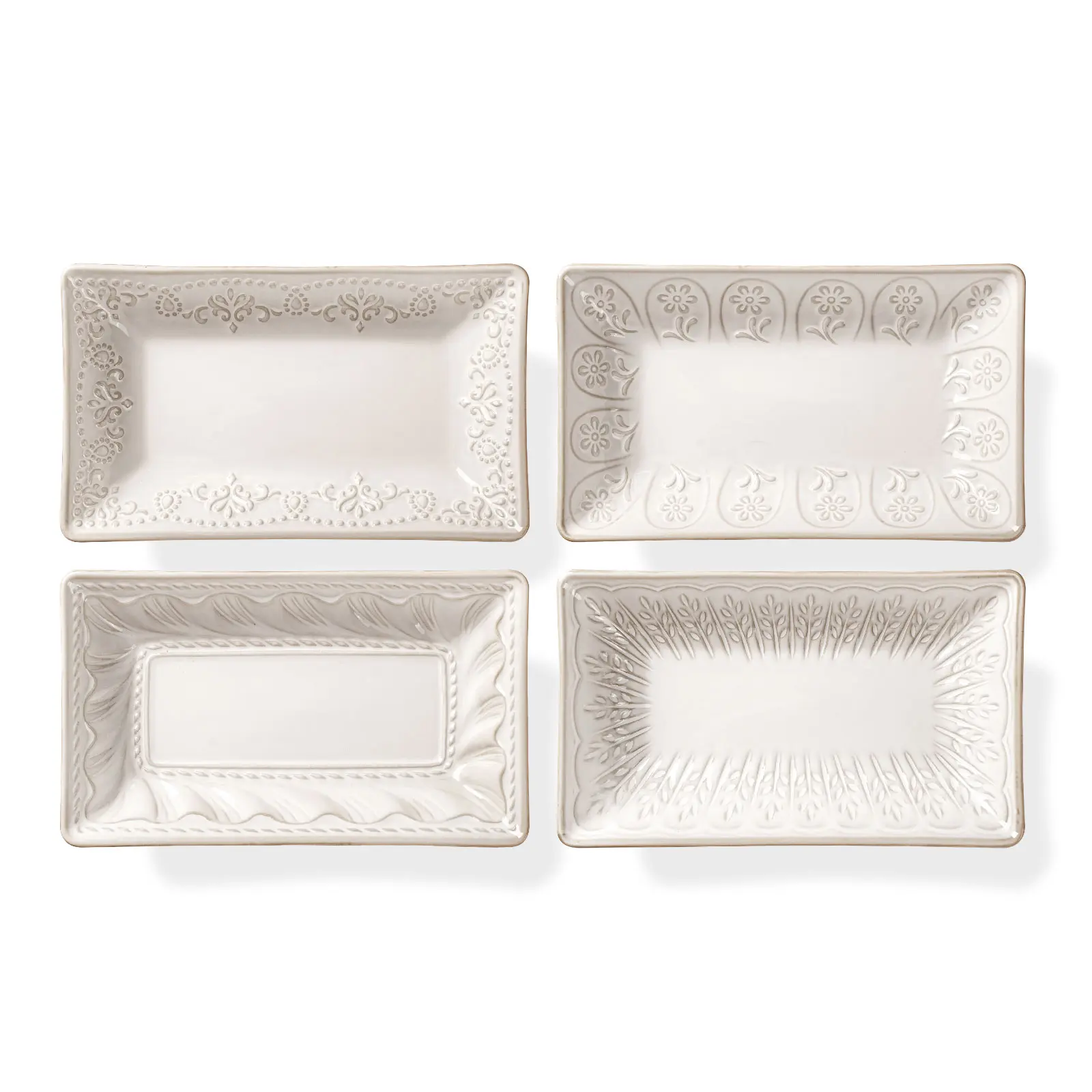 Sturdy Glossy 4-Pc 8.25in Deep Rectangle Ceramic Appetizer Plates - Textured Rim, Multiple Patterns, Oven & Microwave Safe Dishwasher Safe Tableware for Appetizers, Dessert