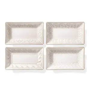 4-Pc 8.25" Deep Rectangle Ceramic Appetizer Plates | Textured Rim (Microwave Safe) | Serving Dishes for Appetizers, Dessert, Pasta & Sushi