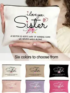 Personalized 'I Love You Sister' zippered pouch with floral design, large-capacity women's travel makeup bag, can hold toiletries, lightweight foldable storage bag, feminine makeup organizer, ideal gift for friends and teachers, travel essential