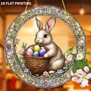 2D Retro Glass-Style Rabbit & Easter Egg Round Acrylic Wall Sign Spring Window Hanging Decoration Suitable for Easter,Year-Round Indoor/Outdoor Use Ornate Rabbit & Easter Egg Decorations