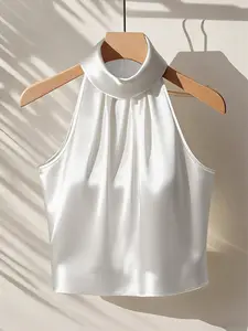 Satin hanging neck top with sleeveless drape, pleated slimming, slimming, dating, banquet, light luxury temperament, high-end feeling, elegant style, women's top