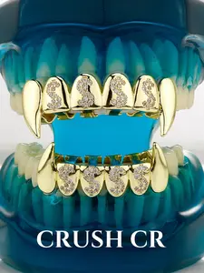 CRUSH CR Vampire Fang Dollar Sign Iced Grillz Full Set for Men Women, Accessory, 18K Gold/Silver Plated, Hip Hop Vampire Teeth Grillz, Tarnish Resistant Removable, Perfect for Goth Events, Raves Concerts, Festivals, Parties