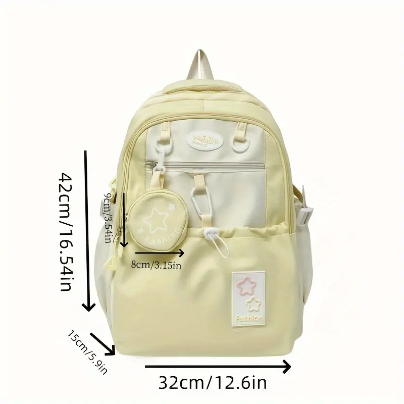 Kids' Korean-Inspired Star & Heart Embellished Large Capacity Backpacks for School - Adjustable Straps, Foldable Design, Durable, Zipper Closure (Light Blue, Pink, Purple, Yellow, Black)