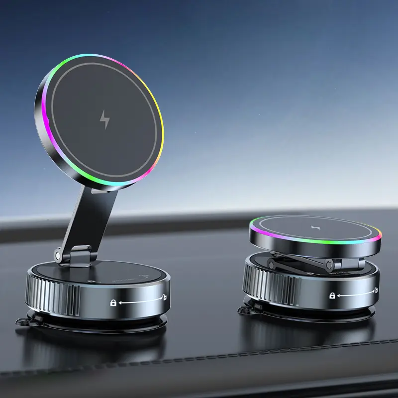 2.0 Foldable Magnetic Alloy PC POM Round Shape Car Phone Holder - 20 N52 Magnets, Vacuum Suction Cup, Heat-Resistant Nano-Adhesive Base, MagSafe Snapon, Secure In-Car Charge Mount, Automotive Interior Accessory