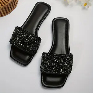 Ladies' Shiny Rhinestone Decorated Flat Sandals Featuring Open Toe Design Perfect For Outdoor, Vacation Anti-Slip & Waterproof Beach Shoes