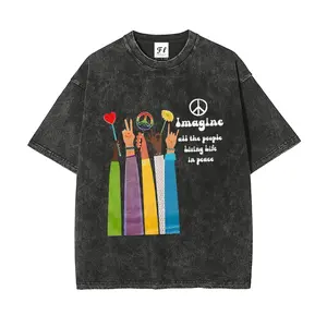 Men's Oversized Retro Vintage Washed Short Sleeve T-Shirt - Unisex, Printed "Imagine All The People Living Life In Peace" Design, Everyday Soft Fabric