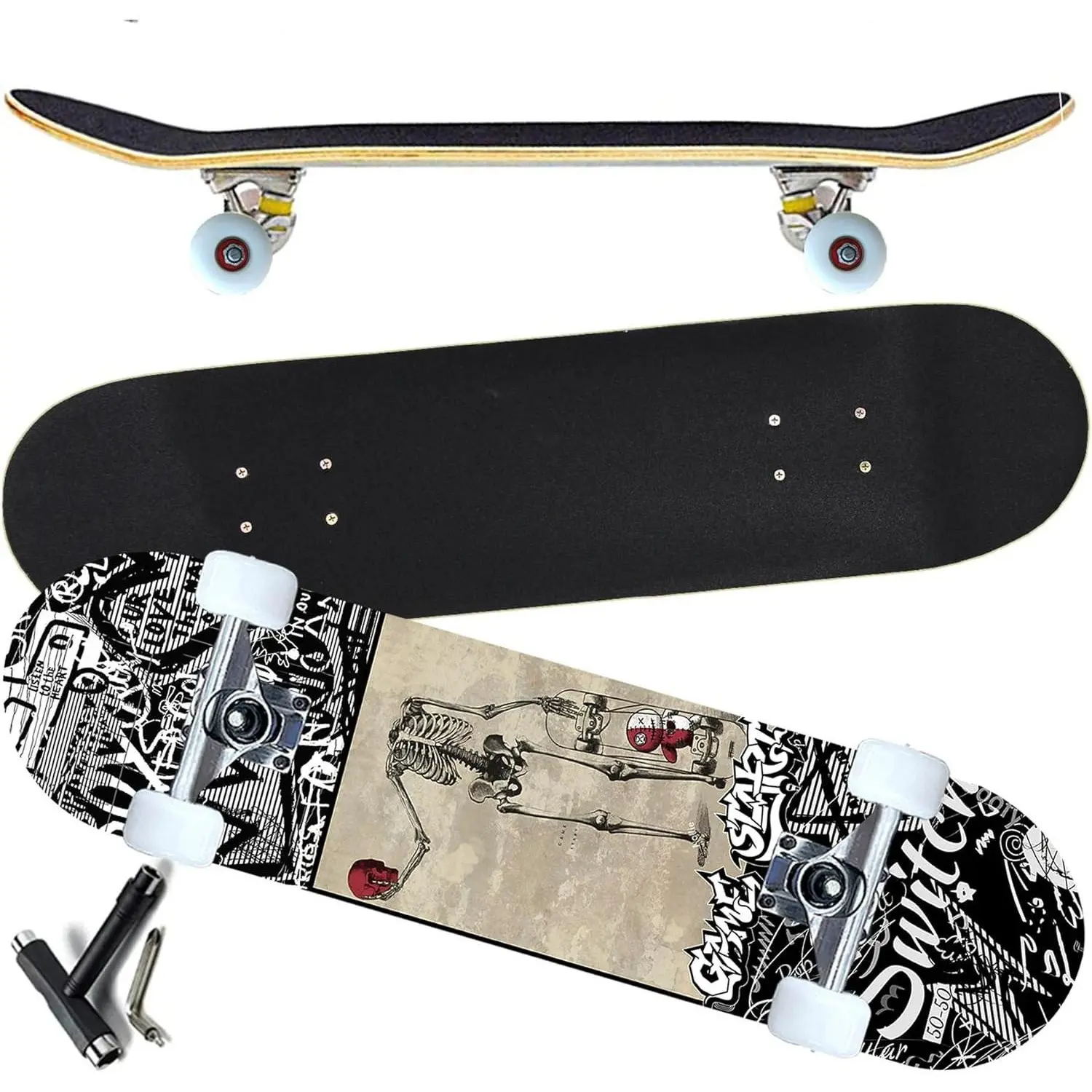 31x8 Inch Complete Skateboard 7 Layer Canadian Maple Double Kick Concave Skateboard Standard Outdoor Street Trick Skateboard Beginner Friendly for Kids Youths