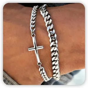 Cross Bracelet for Men, Silver/Gold/Black Mens Cross Bracelets Stack Stainless Steel Cuban Link Chain Bracelet Set Non Tarnish Adjustable Chunky Mens Jewelry Gifts for Men Dad Him Father's Day