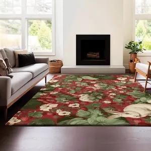 Strawberry Rabbit Rug, Vintage Plant Animal Pattern Anti-Slip Carpet, Living Room Bedroom Bedside Full Coverage Decorative Mat