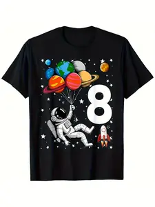Colorful Space Explorer 8th Birthday T-Shirt for Boys & Girls - Soft Cotton Breathable Short Sleeve Tee with Astronaut Planet Rocket Graphic, Round Neck Casual Shirt for All Seasons, Allseason Apparel, Space Themed Apparel, Machine Washable Top