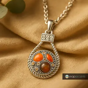 Snap Set - Silver Rhinestone Necklace, 1 Brown Snap (#01), 20-inch (Adjustable) Snap Jewelry, Fits 18MM Snap Charm Buttons