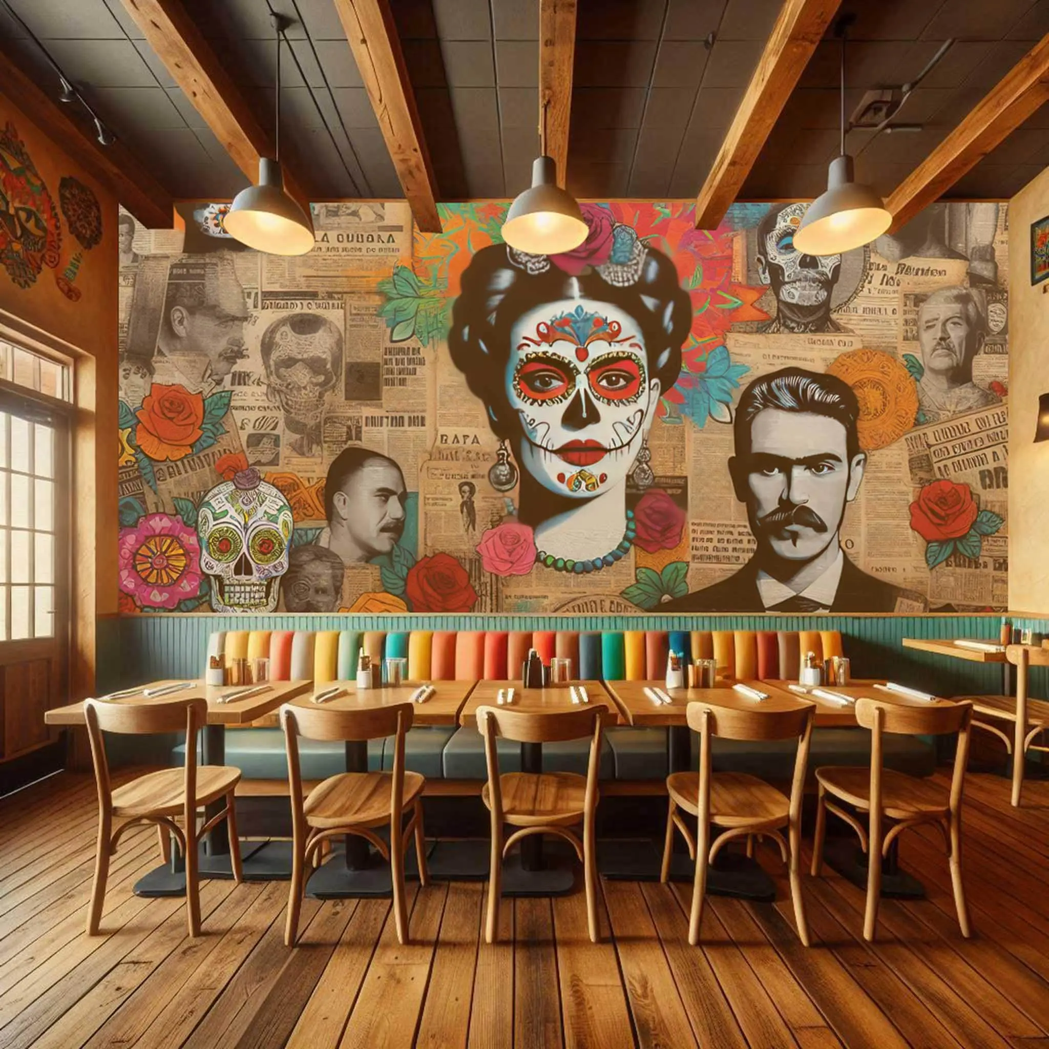 Mexican Pop Art Peel and Stick Wallpaper - Bold Collage with Frida Kahlo, Sugar Skulls, Retro Ads - Vibrant Bar Wall Decor