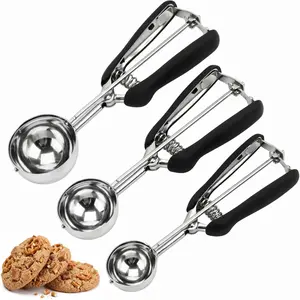 3Pcs 18/8 Stainless Steel Cookie Scoop Set, Ice Cream Scooper with Trigger Release and Non-slip Grip for Baking Cookie Dough