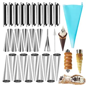 30pcs Cream Horn Mold, Cannoli Forms Tubes Kit, Stainless Steel 20pcs Cone Shaped and 10pcs Tubular Shaped Baking Molds for Danish Pastry Lady Lock Form Cream Roll Croissant