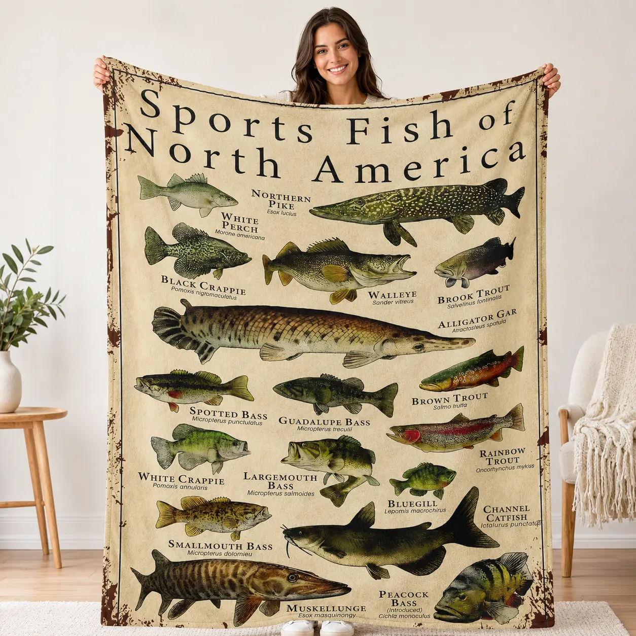 Vintage Sports Fish Chart Throw Blanket, Retro North American Fish Species Print Soft Flannel Fleece Blanket, Lightweight Warm Throw for Home Office Camping Travel, Ideal Gift for Fishing Lovers Men custom day star comfy solid color flannel blanket