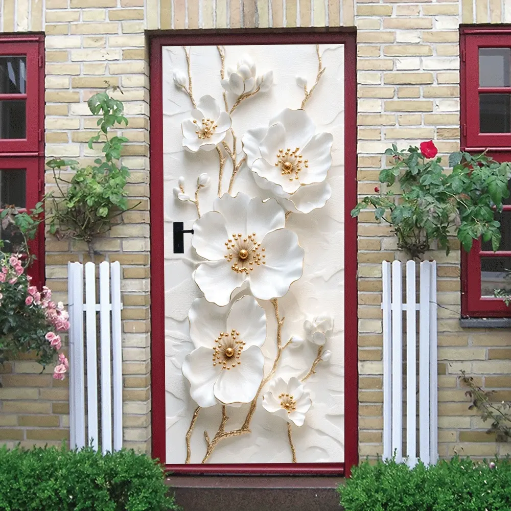 2pcs Relief White Magnolia Wall Stickers Modern MinimalistDecorative Stickers Self Adhesive Waterproof Removable Wall Art Decals with Golden Stamen and Branches Home Decor