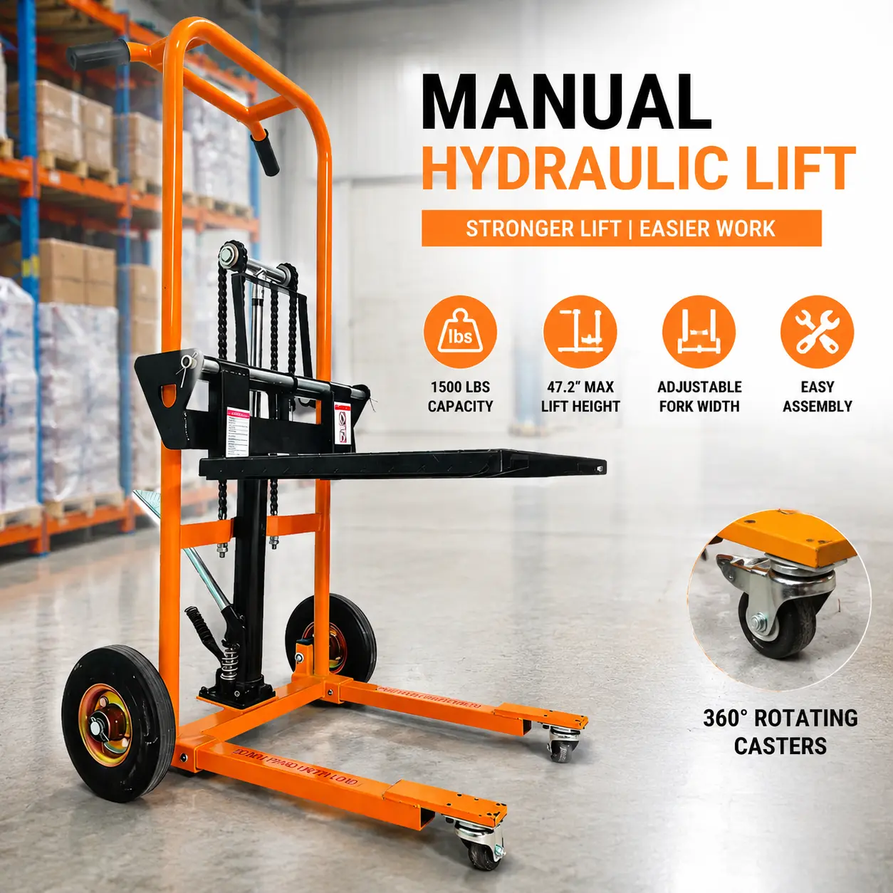 Manual Hydraulic Lift Cart 480LB Capacity, 35 Inch Lift, Portable Material Handling Truck with Steel Platform & Locking Wheels