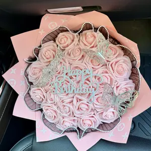 Blush Couture Happy Birthday Eternal Bouquet With Crown Butterflies and Pearl Trim - Customizable for Graduation Anniversary Perfect Gift