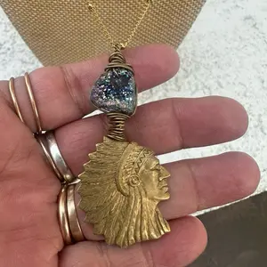 Native American Chief with Rainbow Druzy on 14k gold stainless steel 20 inch chain