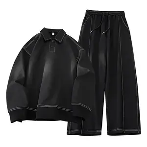 Men's Black PU Leather Sports Set - Polo Collar Top + Wide Leg Pants Two-Piece Set, Street Style, Urban Fashion, Ideal for Everyday Casual Wear Athleisure Summer Clothes Athletic Activewear Tracksuits(Sheets)