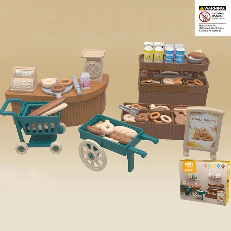 Miniature Bakery Shop Toy, 1 Set Pretend Kitchen Playset Simulation Bakery Store Toy with Counter & Cart & Shopping Basket, Pretend Play Toy for Gifts