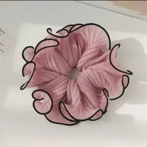 Pink Pleated Scrunchie with Black Outline - Soft Fabric Hair Accessory for Stylish Hair Ties