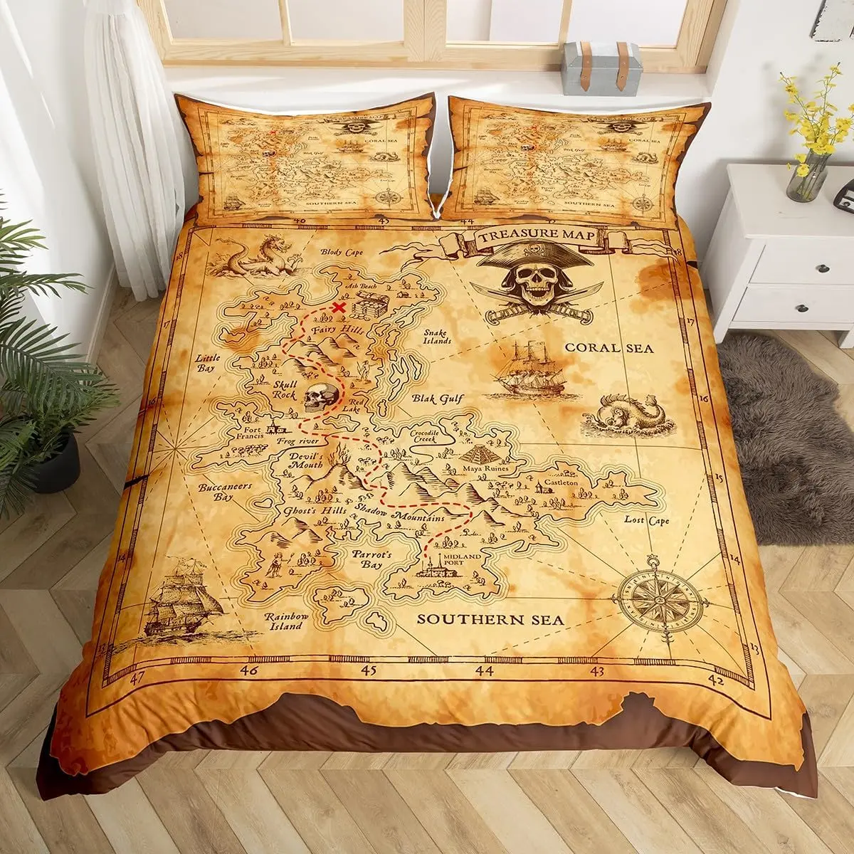 Nautical Map Duvet Cover Set,Pirate Boat Compass Bedding Set Adult Bedroom Decor Ocean Adventure Comforter Cover Vintage Brown Quilt Cover
