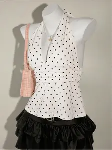 Fashion Halter Deep V Ruched Backless Polka Dot Tank Top, Stylish Chic Sleeveless Summer Wear, Women's Casual Clothing