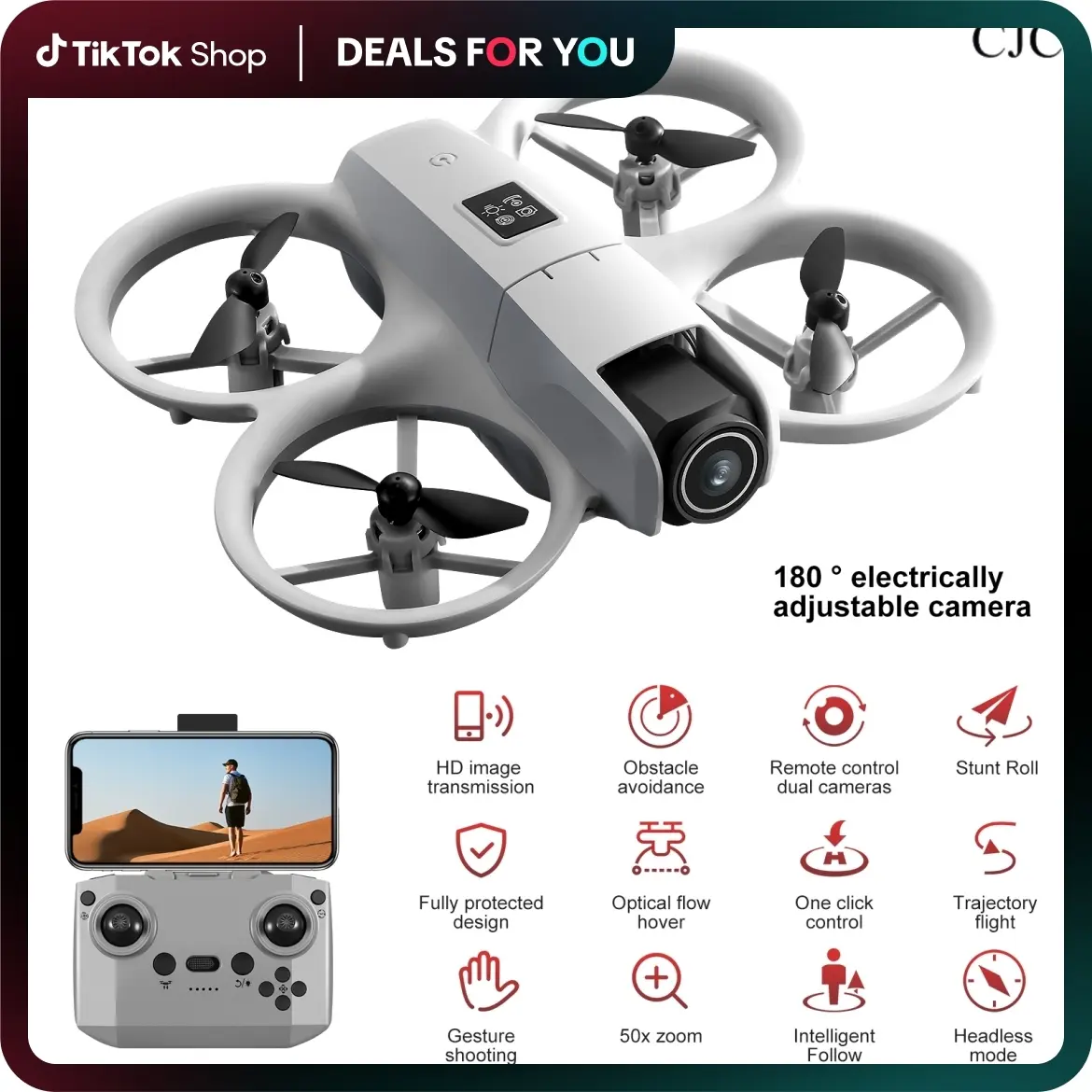 CJCMALL Upgraded Outdoor Drone - Intelligent Obstacle Avoidance, 720 Dual Cameras, Mobile Phone Control, Foldable RC Quadcopter