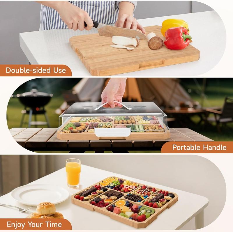 Portable Charcuterie Board with Lid, Build-A-Board Bamboo Cutting Board with Clear Locking Lid and White Handles, Travel Portable Chauratri Board For Cheese Kitchen Chopping,11x14 Inch 6 Compartment,House Warming Gifts for Women,Travel Friendly House