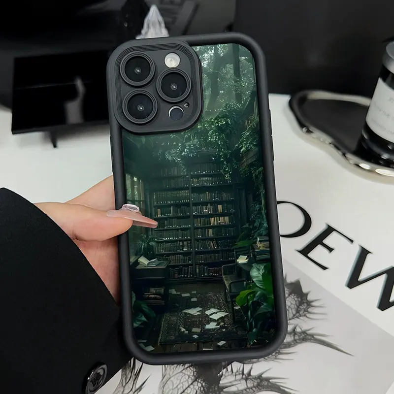 Green Forest Bookshelf Phone Case for iPhone 16 15 14 Pro Max 13 12 11 XR XS Plus Shockproof Full Camera Protection Durable slim Silicone Cover Cellphone Protective