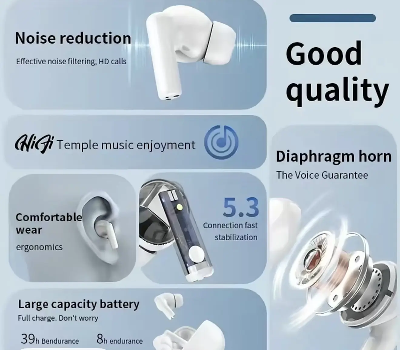 Bluetooth HEADPHONE: 3D Stereo wireless Earbuds. Includes a type-C charging cable and charging case
