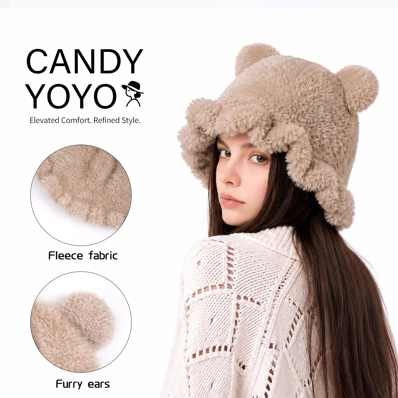 Original design Plush Bear Ear Hat with Fleece Fabric and Long Side Flaps, Fuzzy Animal-Inspired Headwear with Round Ear Details for Winter Styling, Casual Looks, Travel Outfits, Costume Themes, Photo Accessories and Playful Gift Ideas