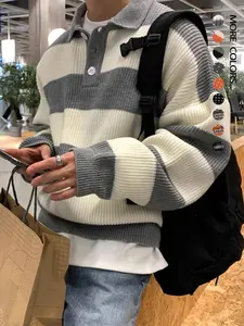 Men's Patchwork Print Long Sleeve Half-Button Sweater, Loose Casual Drop Shoulder Collared Jumper for Fall & Winter, Men's Knitwear for Daily Wear